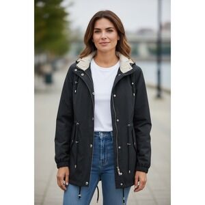 Braetan Women's Black Zip and Button Hooded Parka Jacket Drawstring Waist Size L